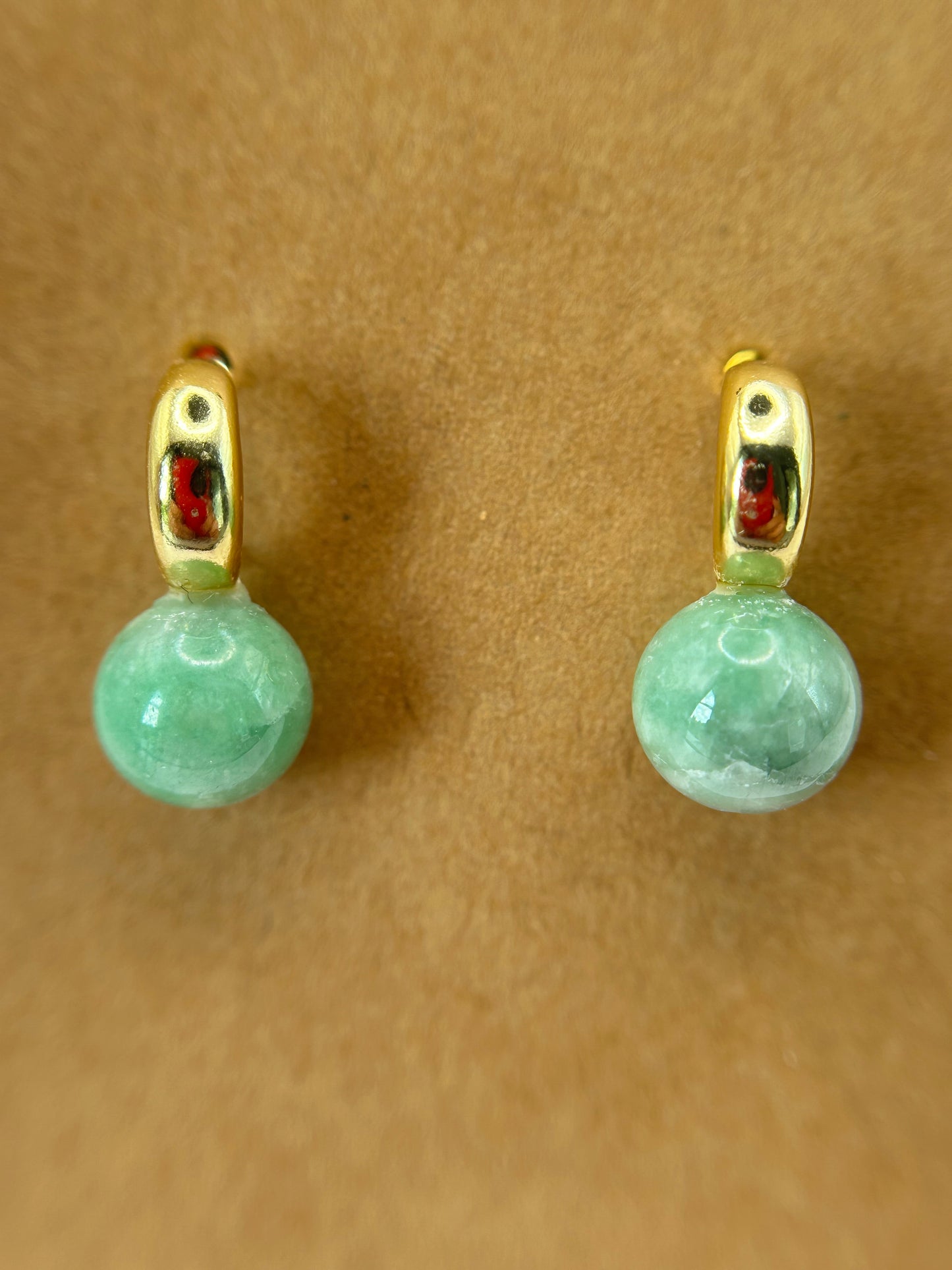 Natural Grade A Green Myanmar Jadeite Beads  Gold Over Sterling Silver Earring