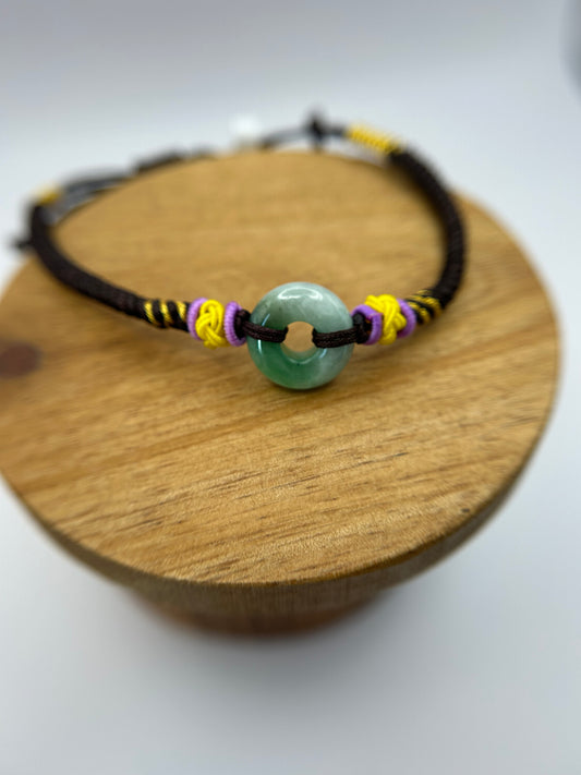 Grade A Natural Icy Green Burma Jadeite braided with brown, black and yellow rope details Adjustable Bracelet