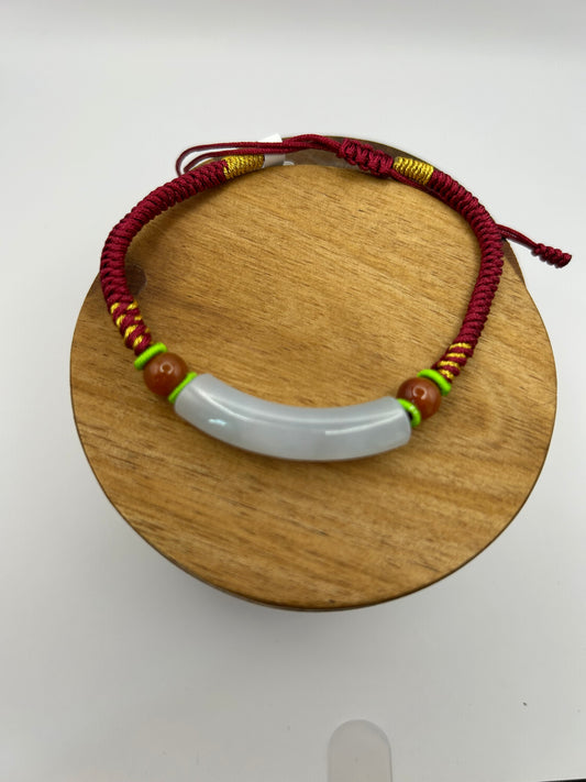 Grade A Natural Icy  Burma Jadeite braided with red  and gold rope details Adjustable Bracelet