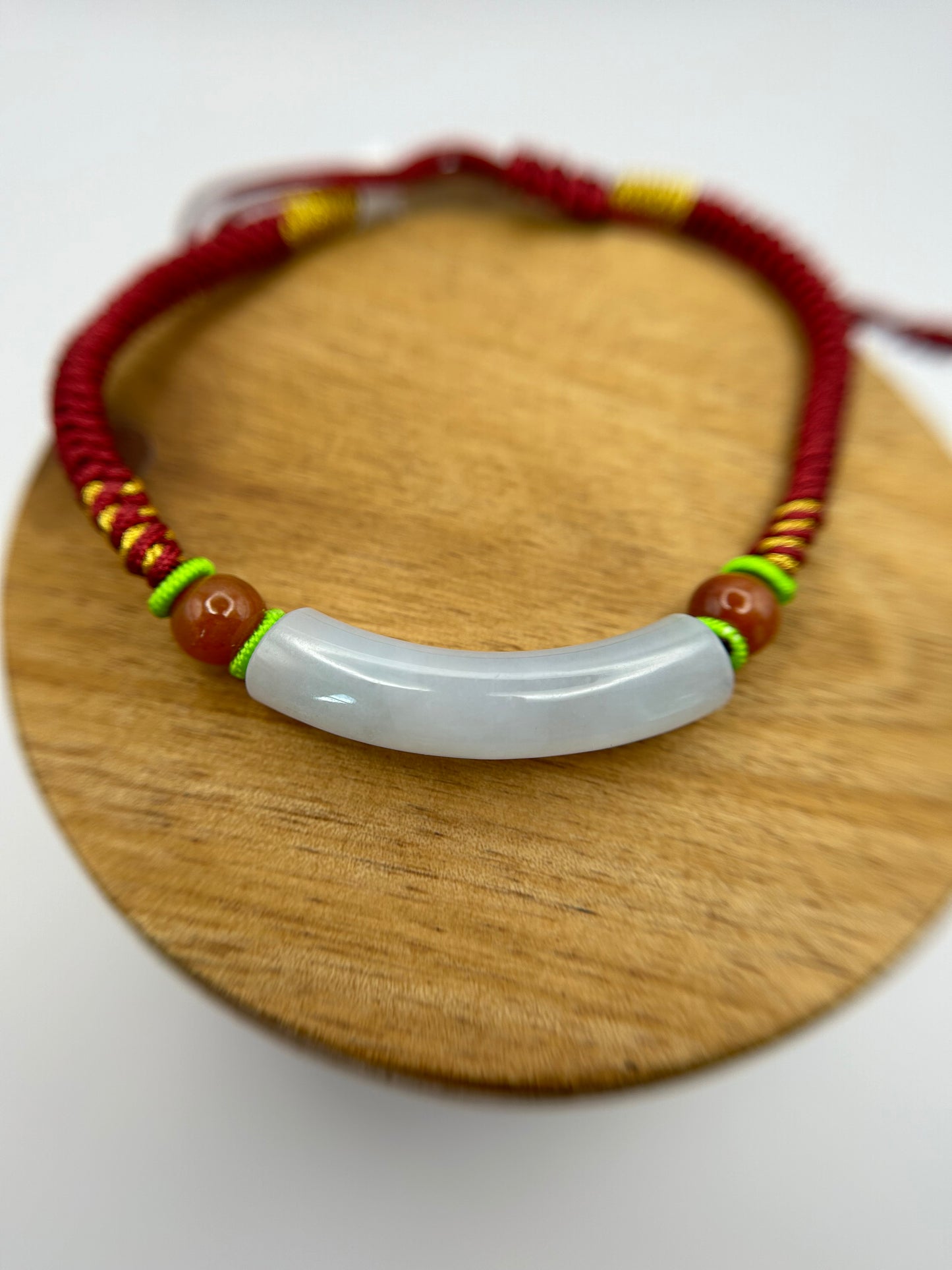 Grade A Natural Icy  Burma Jadeite braided with red  and gold rope details Adjustable Bracelet