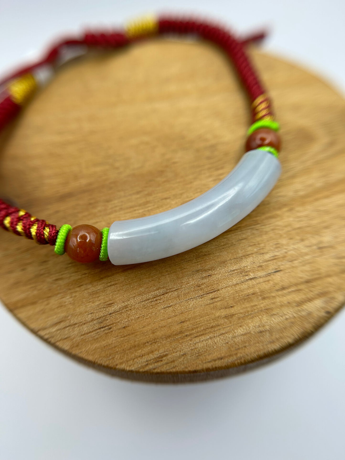 Grade A Natural Icy  Burma Jadeite braided with red  and gold rope details Adjustable Bracelet