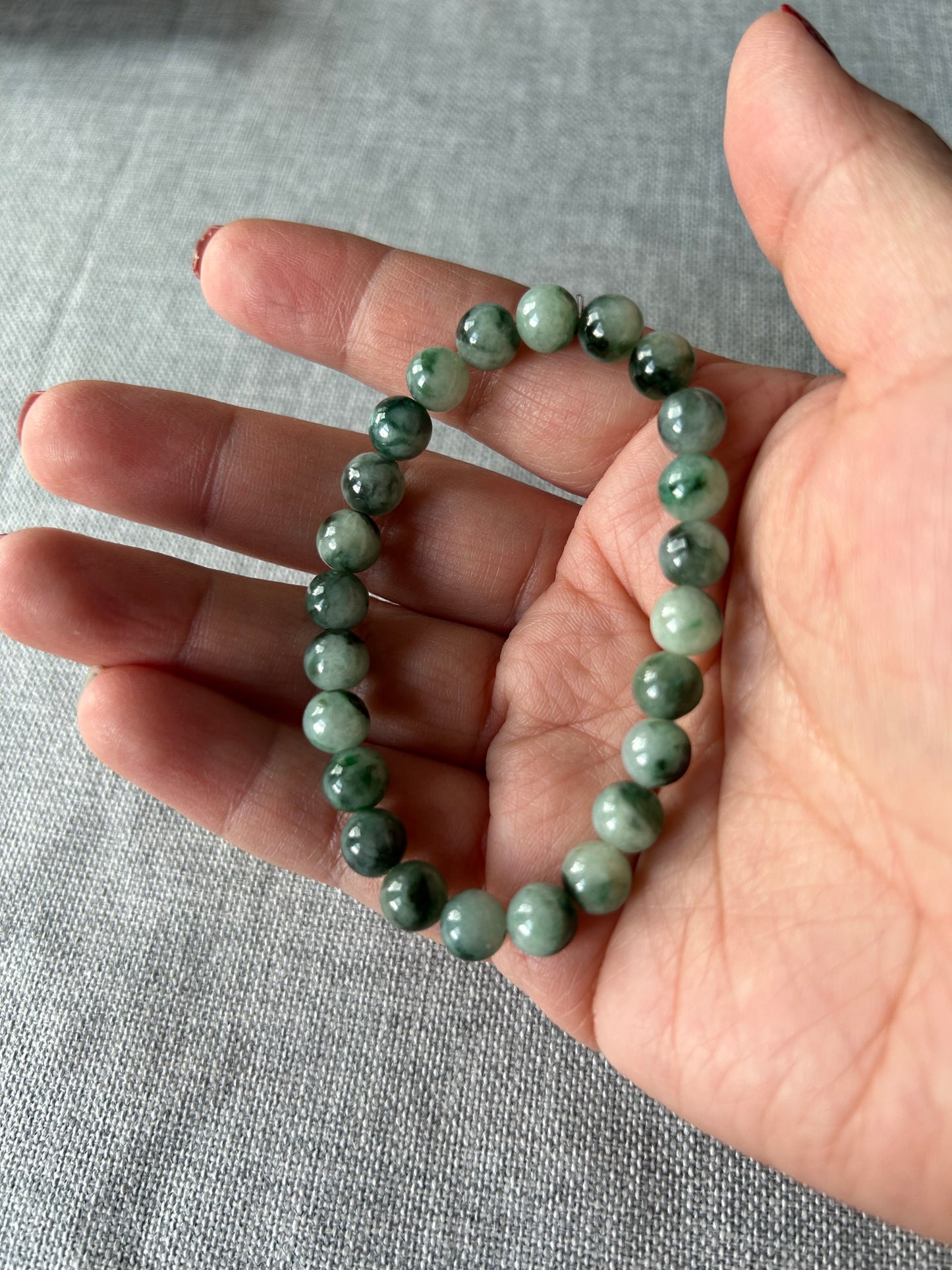 Grade A Natural  Green with Dark Green patches Burma Jadeite beads elastic bracelet