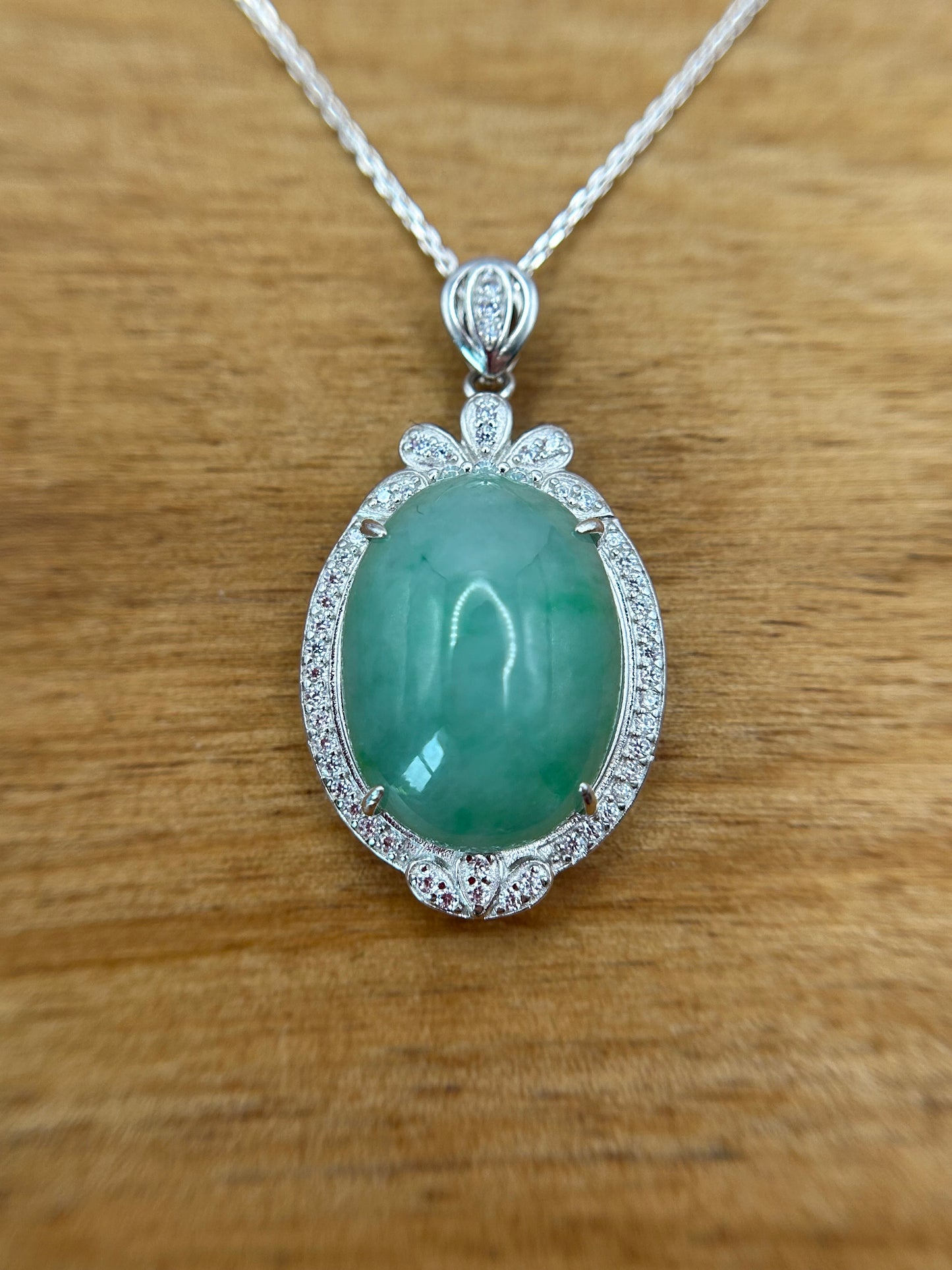 Grade A Natural  Green Burma Jadeite Cabochon pendant With Cubic Zirconia Silver necklace