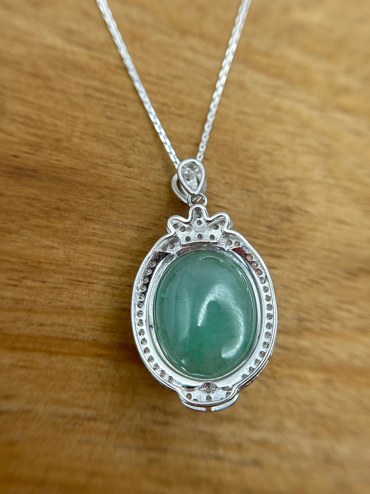 Grade A Natural  Green Burma Jadeite Cabochon pendant With Cubic Zirconia Silver necklace