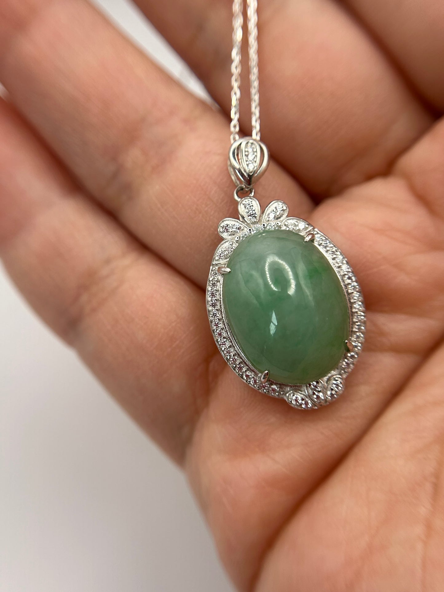 Grade A Natural  Green Burma Jadeite Cabochon pendant With Cubic Zirconia Silver necklace