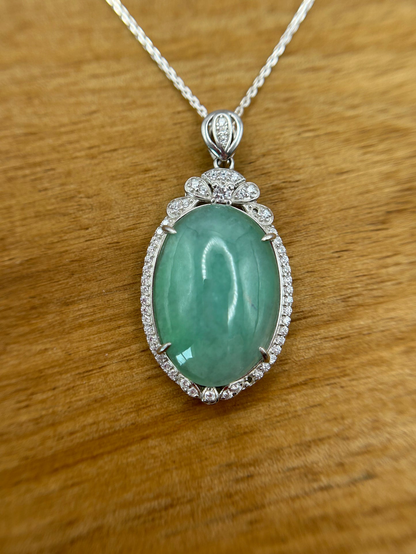 Grade A Natural  Green Burma Jadeite Cabochon pendant With Cubic Zirconia Silver necklace