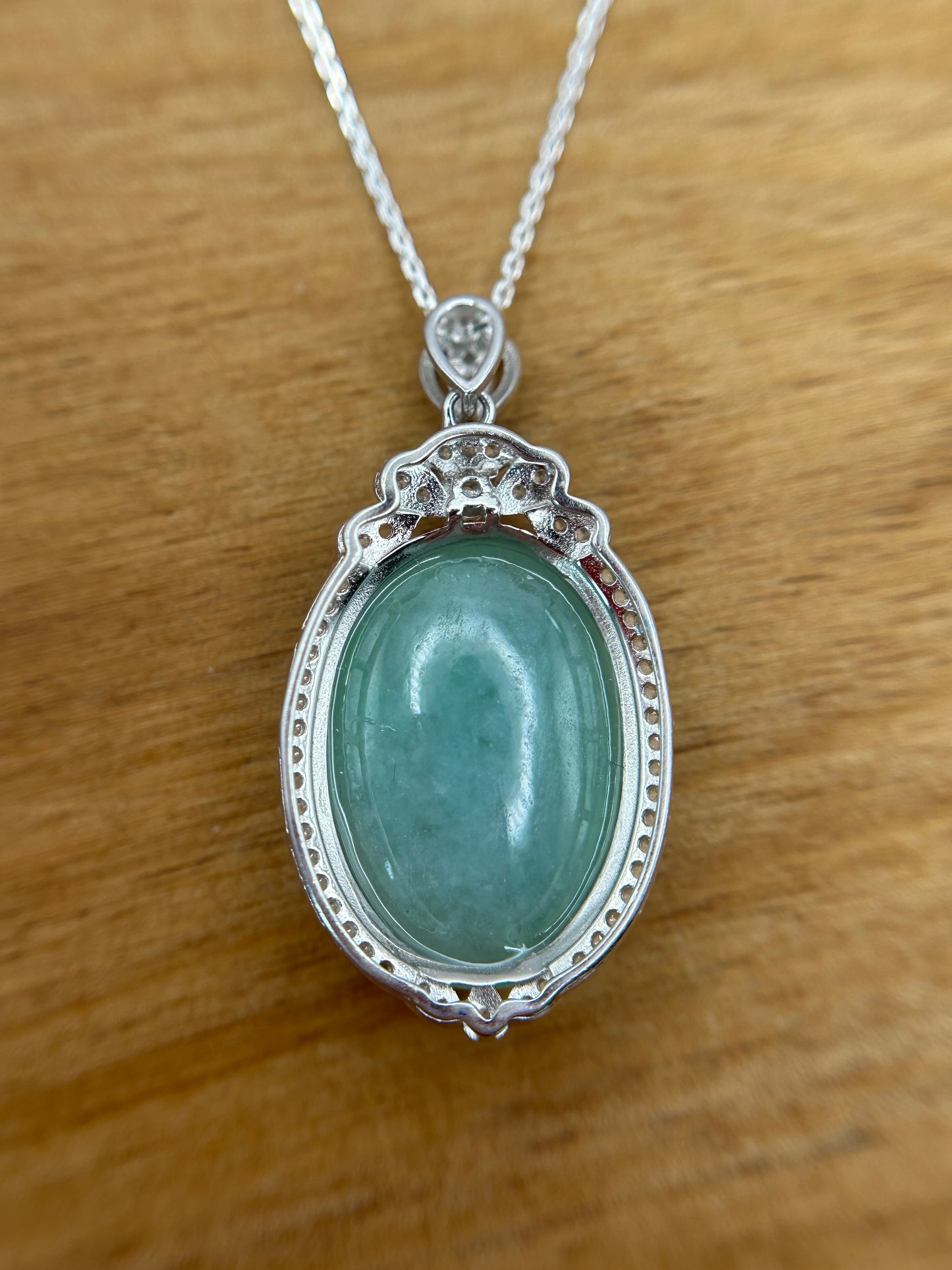 Grade A Natural  Green Burma Jadeite Cabochon pendant With Cubic Zirconia Silver necklace