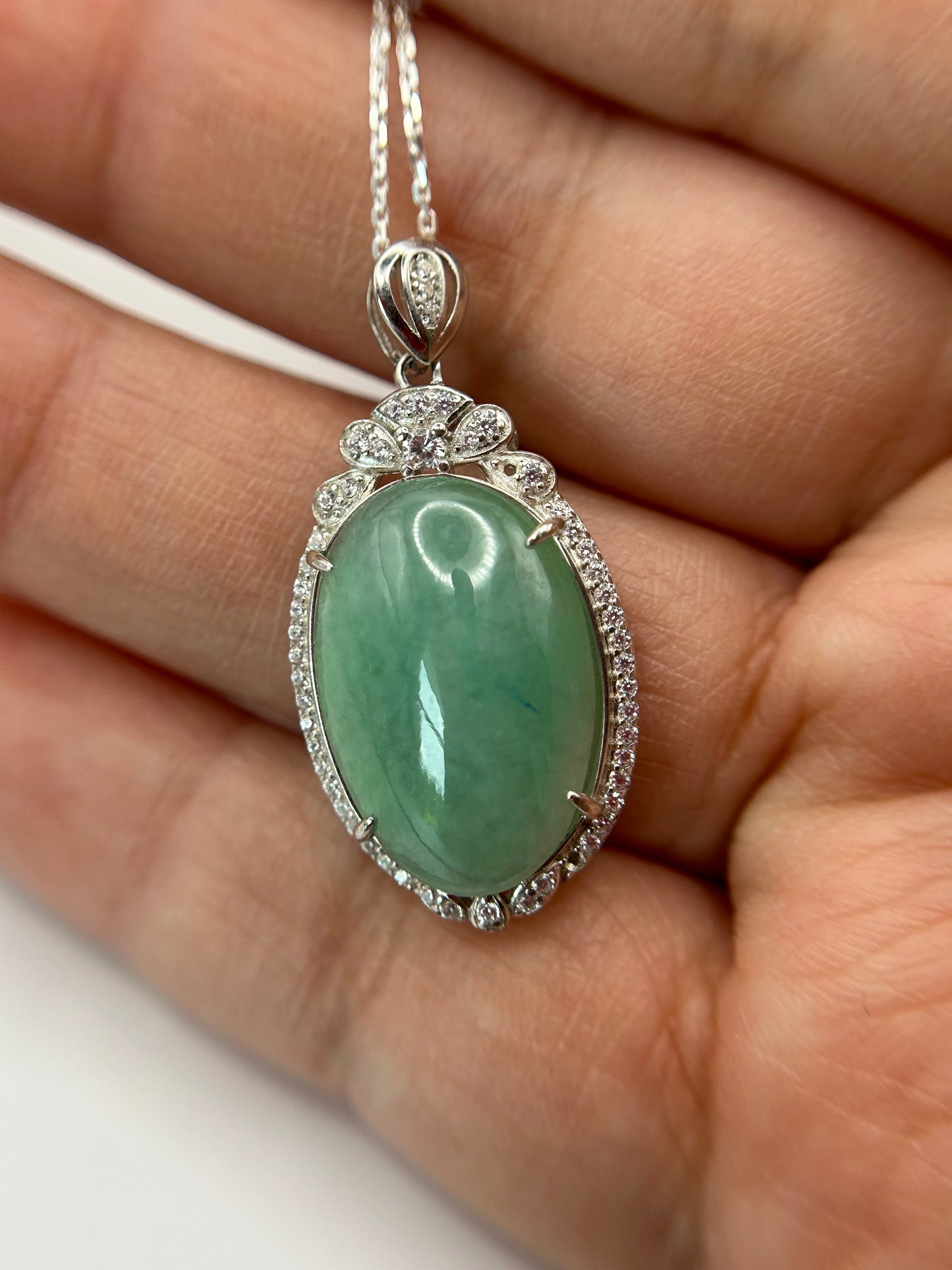 Grade A Natural  Green Burma Jadeite Cabochon pendant With Cubic Zirconia Silver necklace