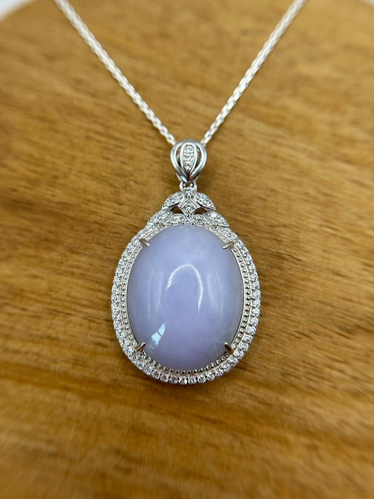 Grade A Natural  Lavender Burma Jadeite Cabochon pendant With Cubic Zirconia Silver necklace