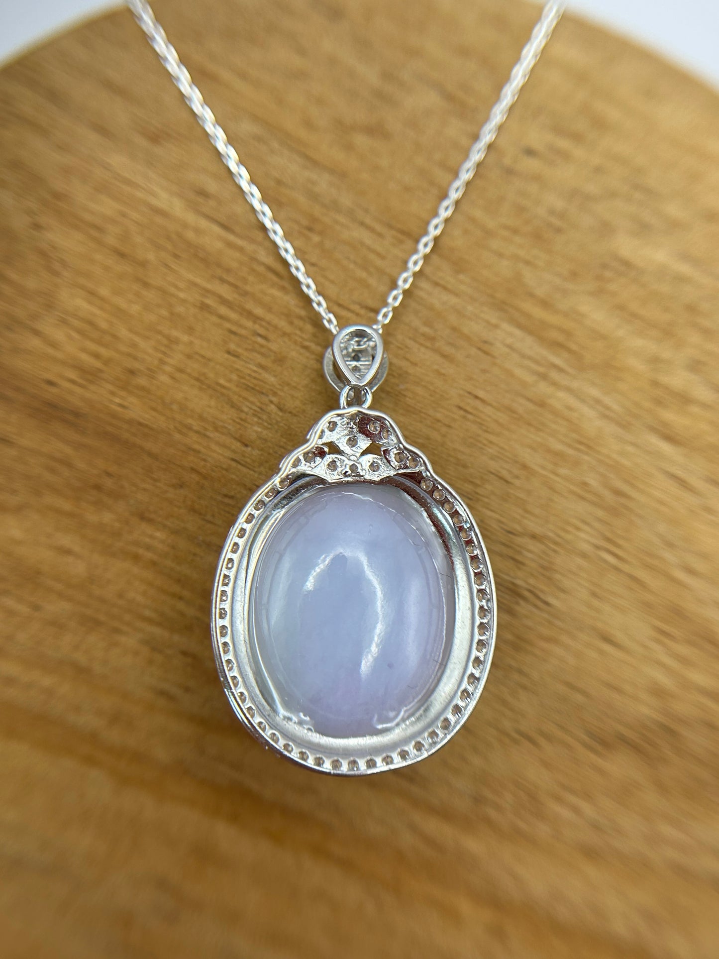 Grade A Natural  Lavender Burma Jadeite Cabochon pendant With Cubic Zirconia Silver necklace