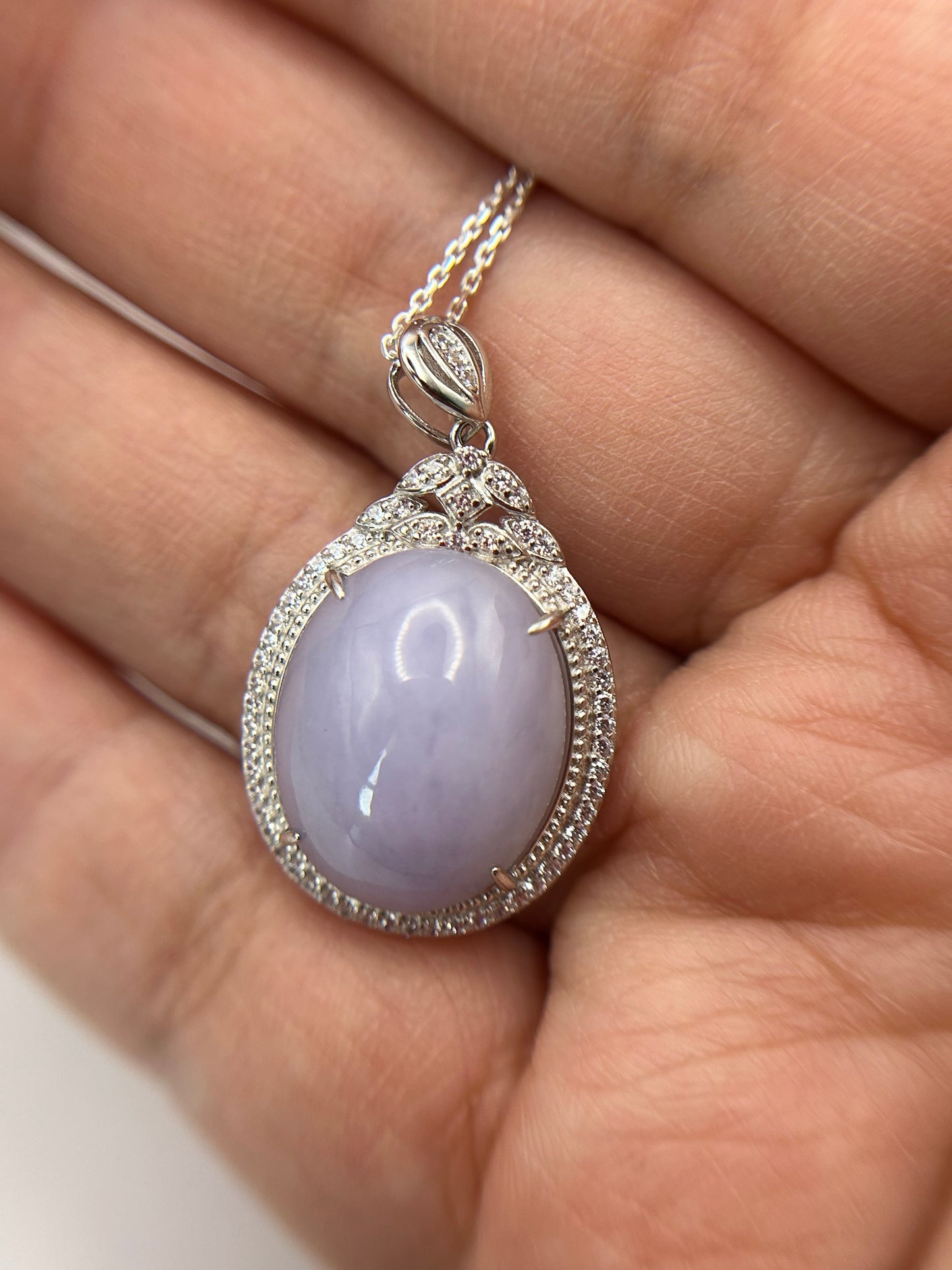 Grade A Natural  Lavender Burma Jadeite Cabochon pendant With Cubic Zirconia Silver necklace