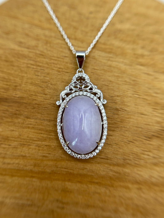 Grade A Natural  Lavender Burma Jadeite Cabochon pendant With Cubic Zirconia Silver necklace