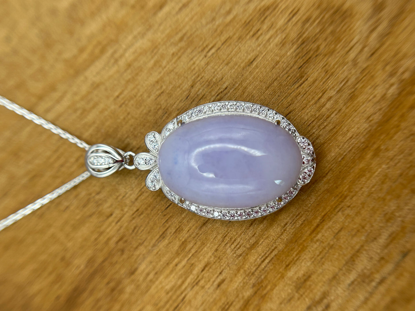 Grade A Natural  Lavender Burma Jadeite Cabochon pendant With Cubic Zirconia Silver necklace