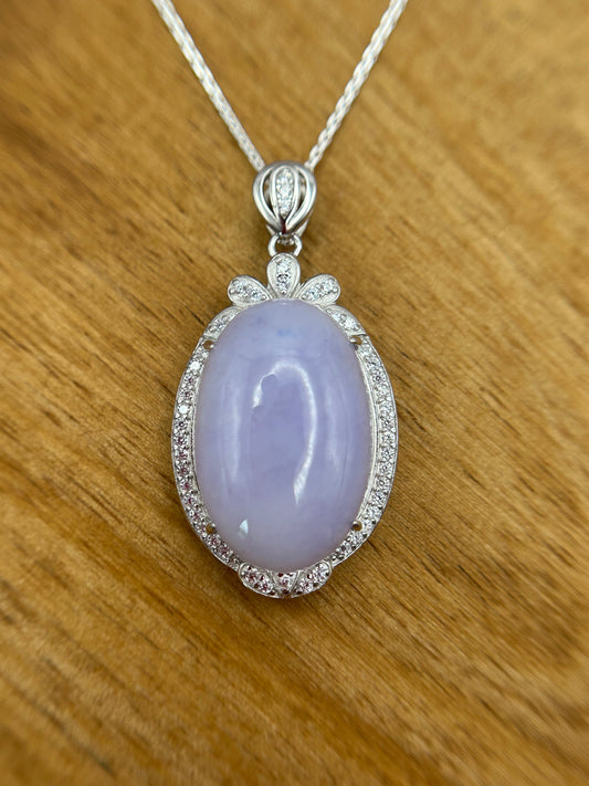 Grade A Natural  Lavender Burma Jadeite Cabochon pendant With Cubic Zirconia Silver necklace