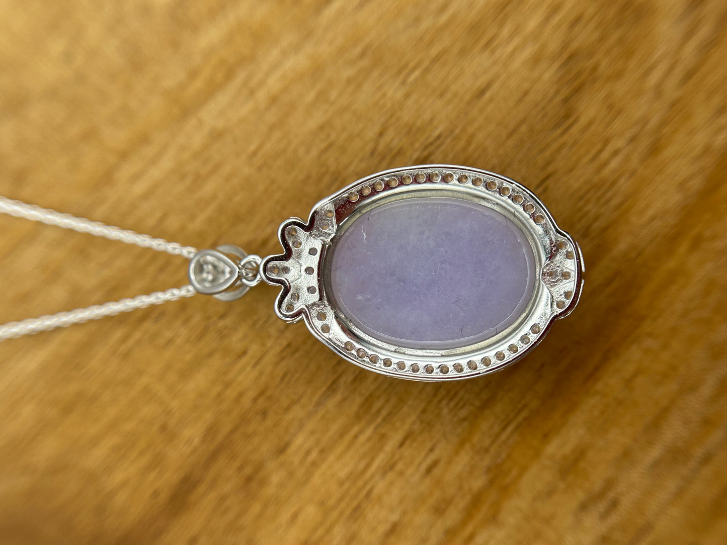 Grade A Natural  Lavender Burma Jadeite Cabochon pendant With Cubic Zirconia Silver necklace