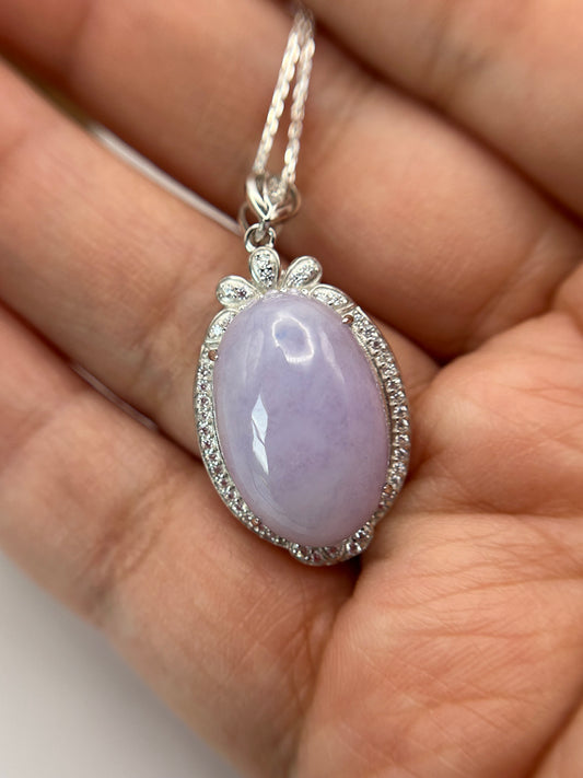 Grade A Natural  Lavender Burma Jadeite Cabochon pendant With Cubic Zirconia Silver necklace