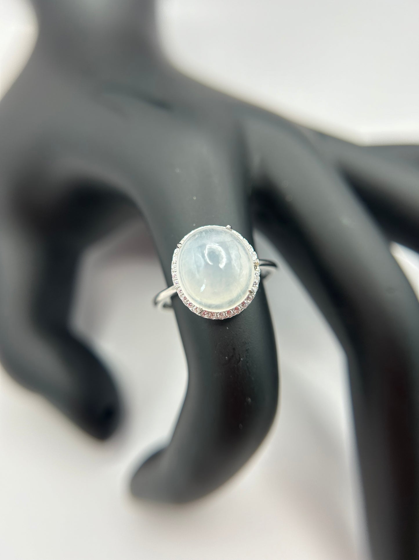 Natural grade A Burmese Icy  Jadeite cabochon with Cubic Zirconia Silver Ring