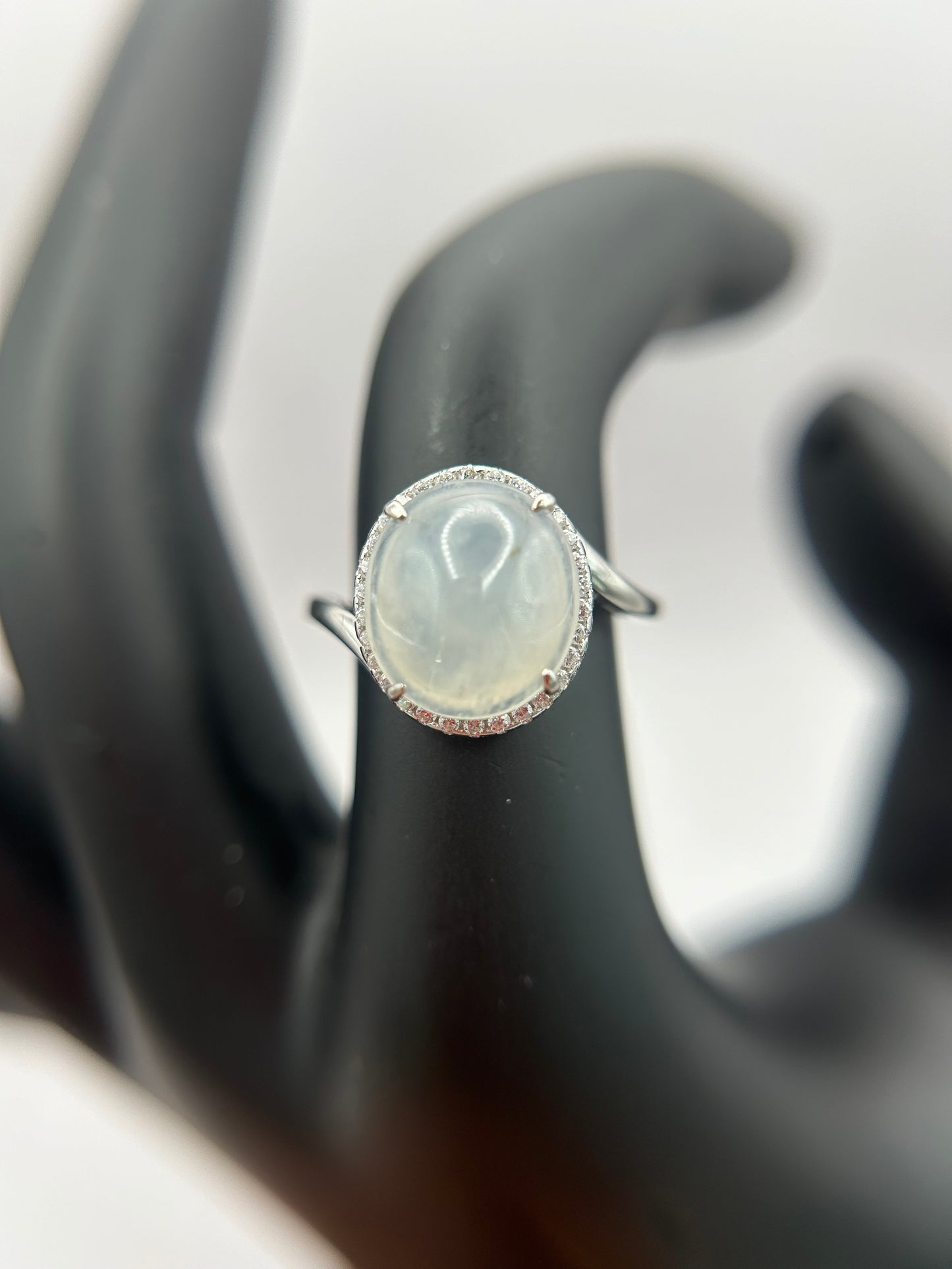 Natural grade A Burmese Icy Jadeite cabochon with Cubic Zirconia Silver Ring