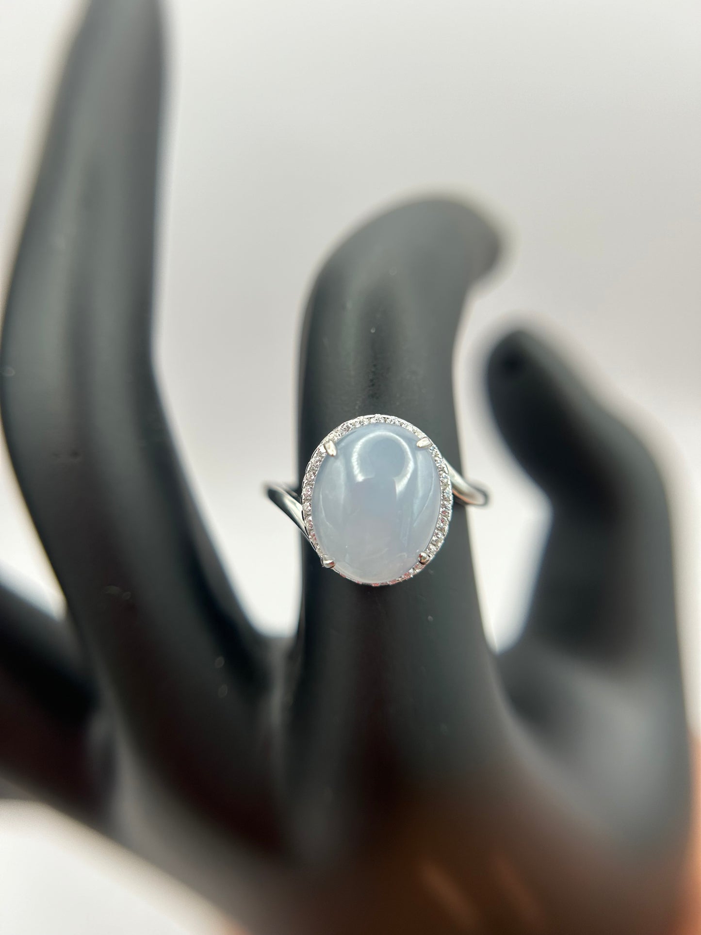 Natural grade A Burmese Icy  Jadeite cabochon with Cubic Zirconia Silver Ring