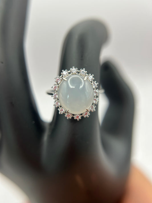 Natural grade A Burmese Icy Jadeite cabochon with Cubic Zirconia Silver Ring