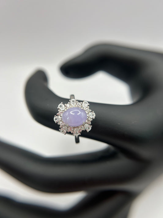 Natural grade A Burma Lavender Jadeite cabochon with Cubic Zirconia Silver Ring