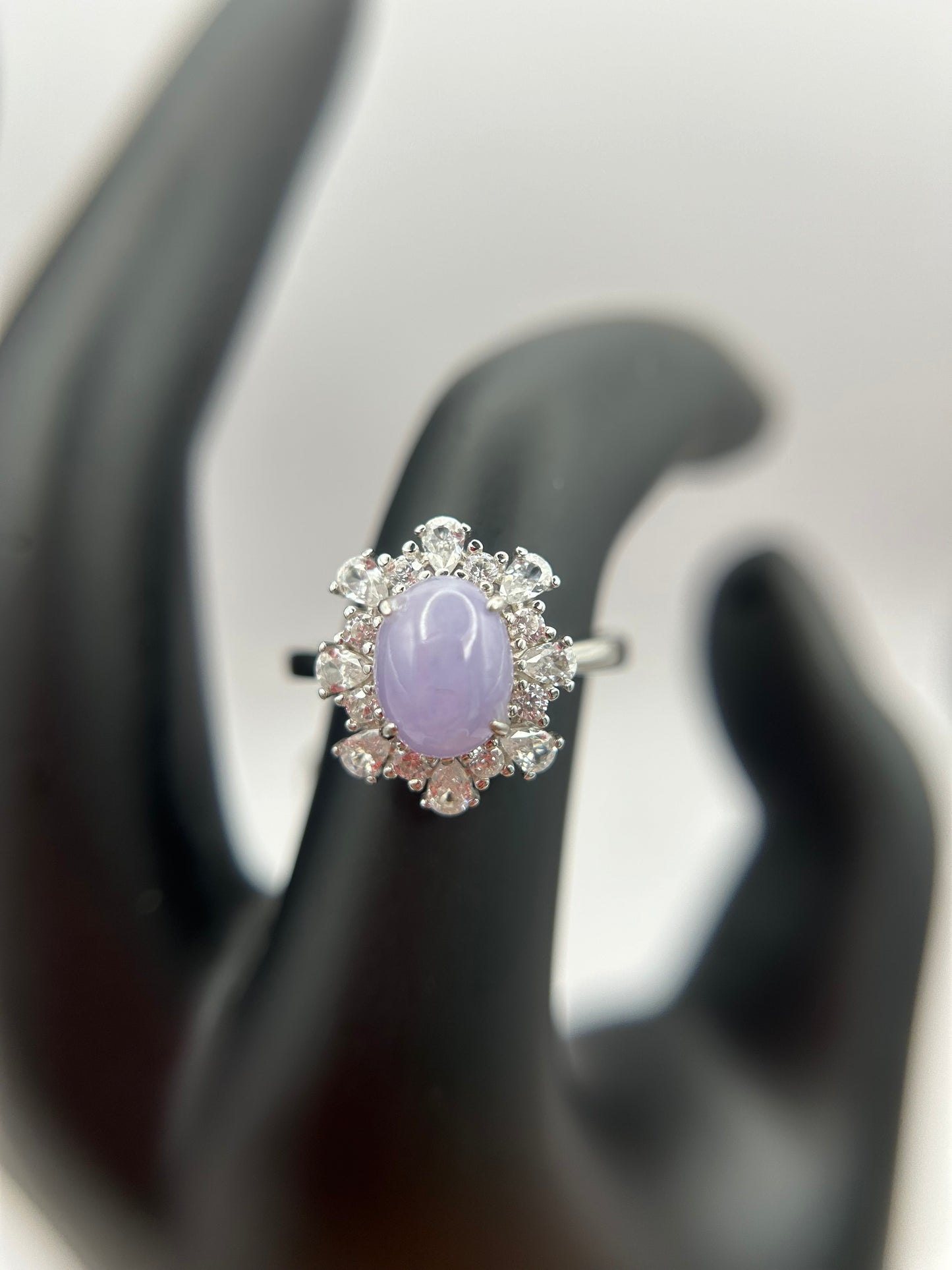 Natural grade A Burma Lavender Jadeite cabochon with Cubic Zirconia Silver Ring