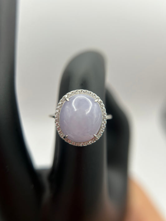 Natural grade A Burma Lavender Jadeite cabochon with Cubic Zirconia Silver Ring