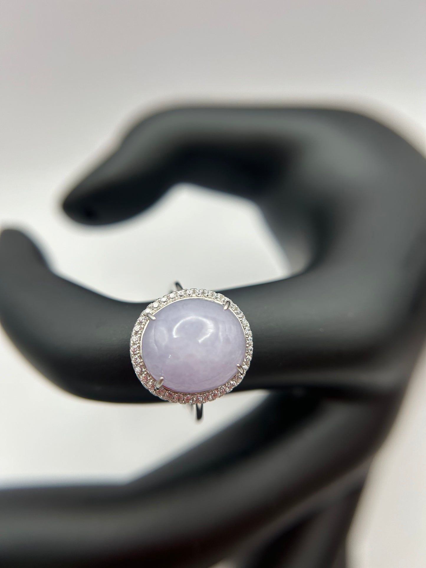 Natural grade A Burma Lavender Jadeite cabochon with Cubic Zirconia Silver Ring