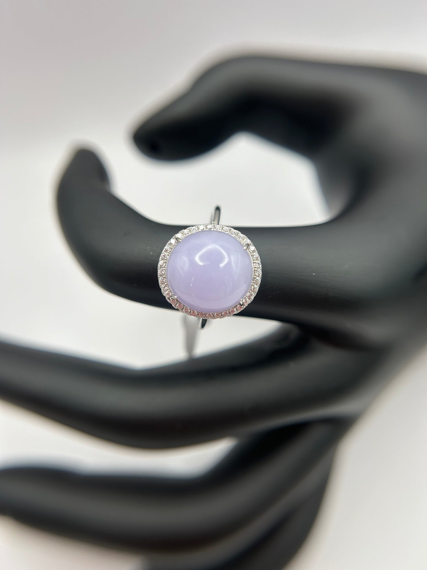 Natural grade A Burma Lavender Jadeite cabochon with Cubic Zirconia Silver Ring