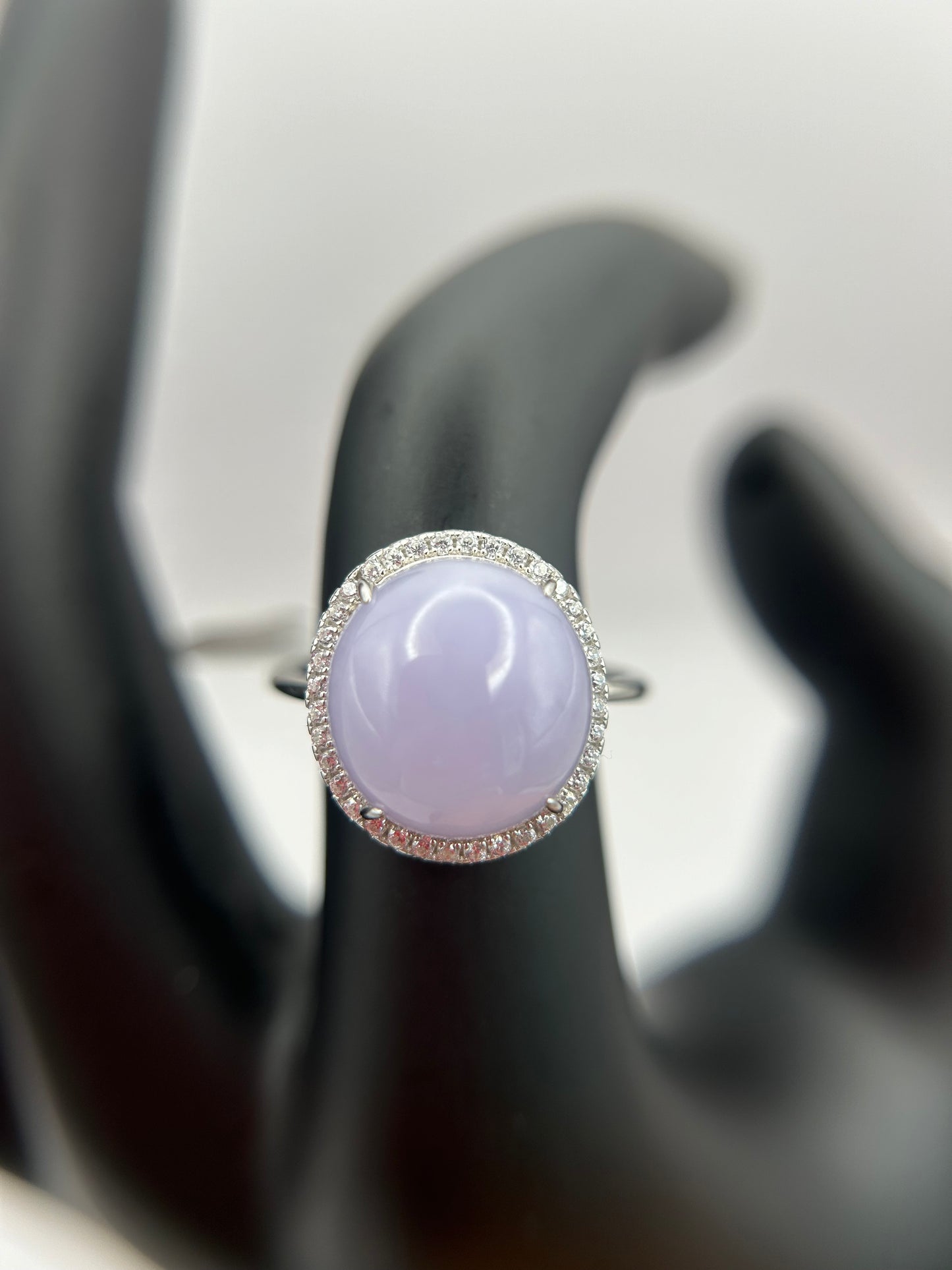 Natural grade A Burma Lavender Jadeite cabochon with Cubic Zirconia Silver Ring