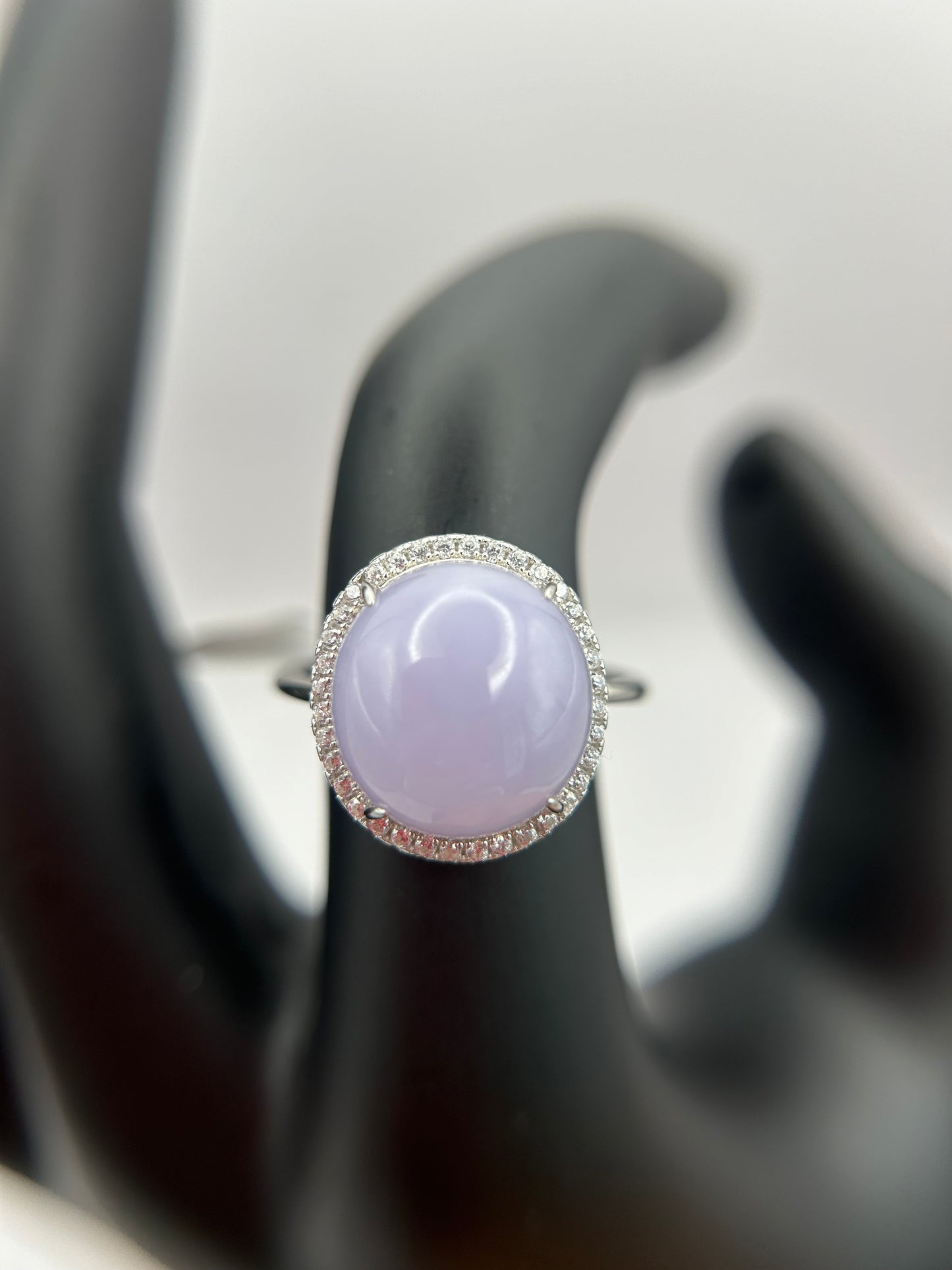 Natural grade A Burma Lavender Jadeite cabochon with Cubic Zirconia Silver Ring