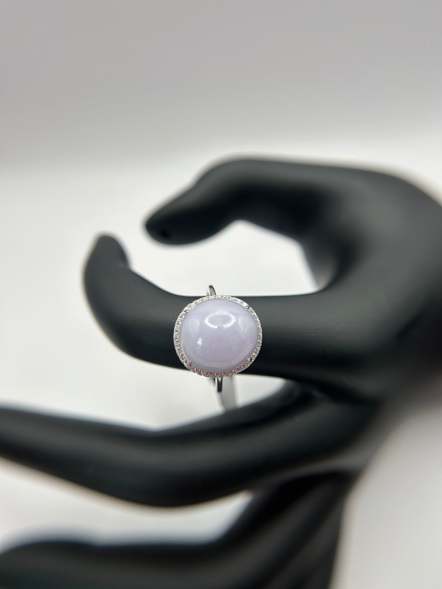 Natural grade A Burma Lavender Jadeite cabochon with Cubic Zirconia Silver Ring