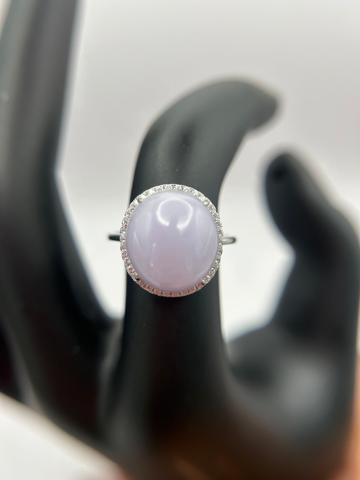 Natural grade A Burma Lavender Jadeite cabochon with Cubic Zirconia Silver Ring