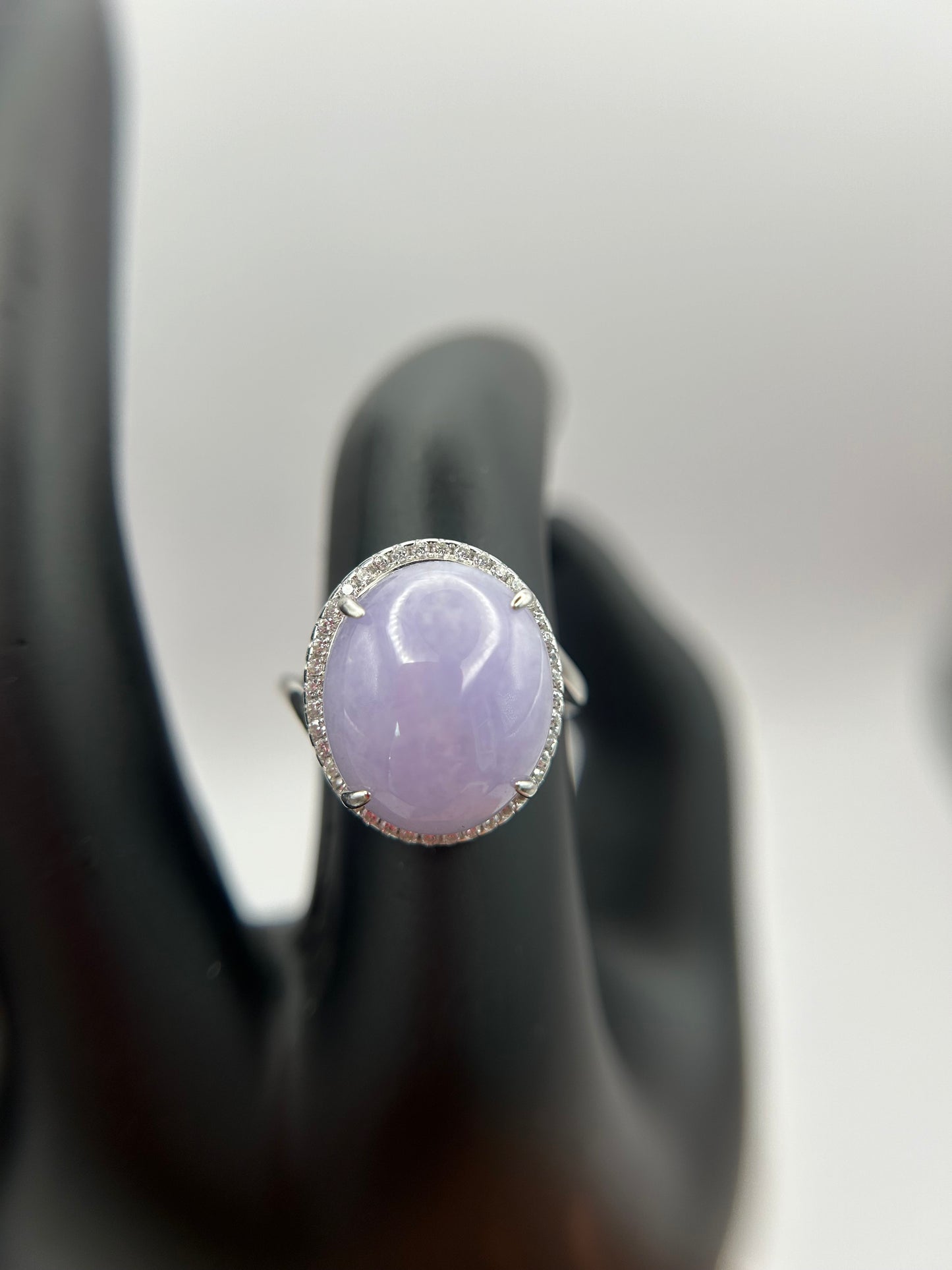 Natural grade A Burma Lavender Jadeite cabochon with Cubic Zirconia Silver Ring