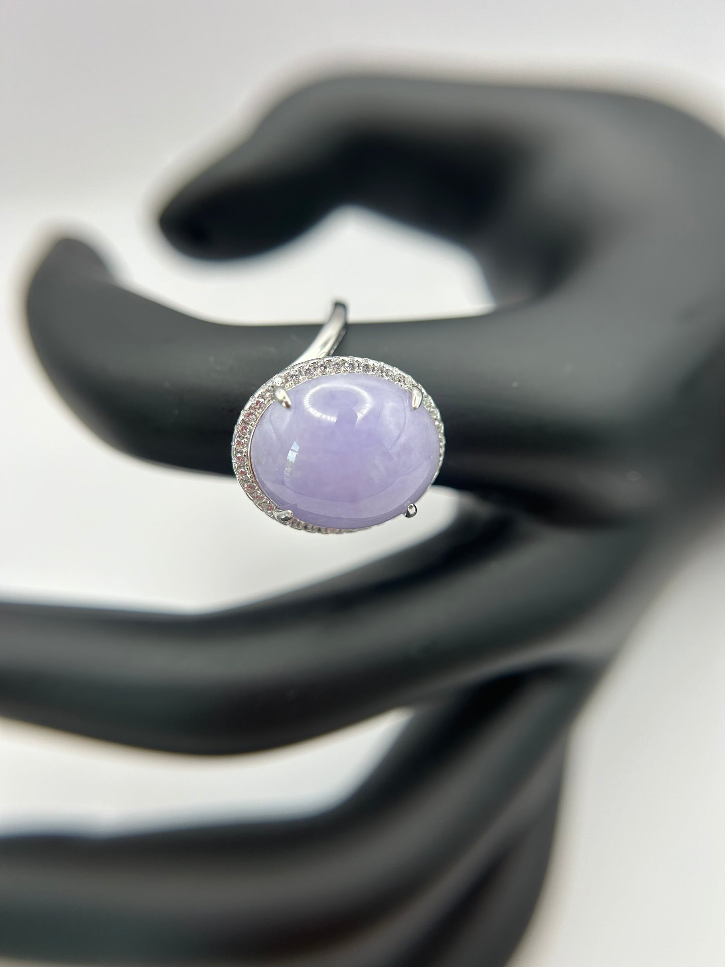 Natural grade A Burma Lavender Jadeite cabochon with Cubic Zirconia Silver Ring