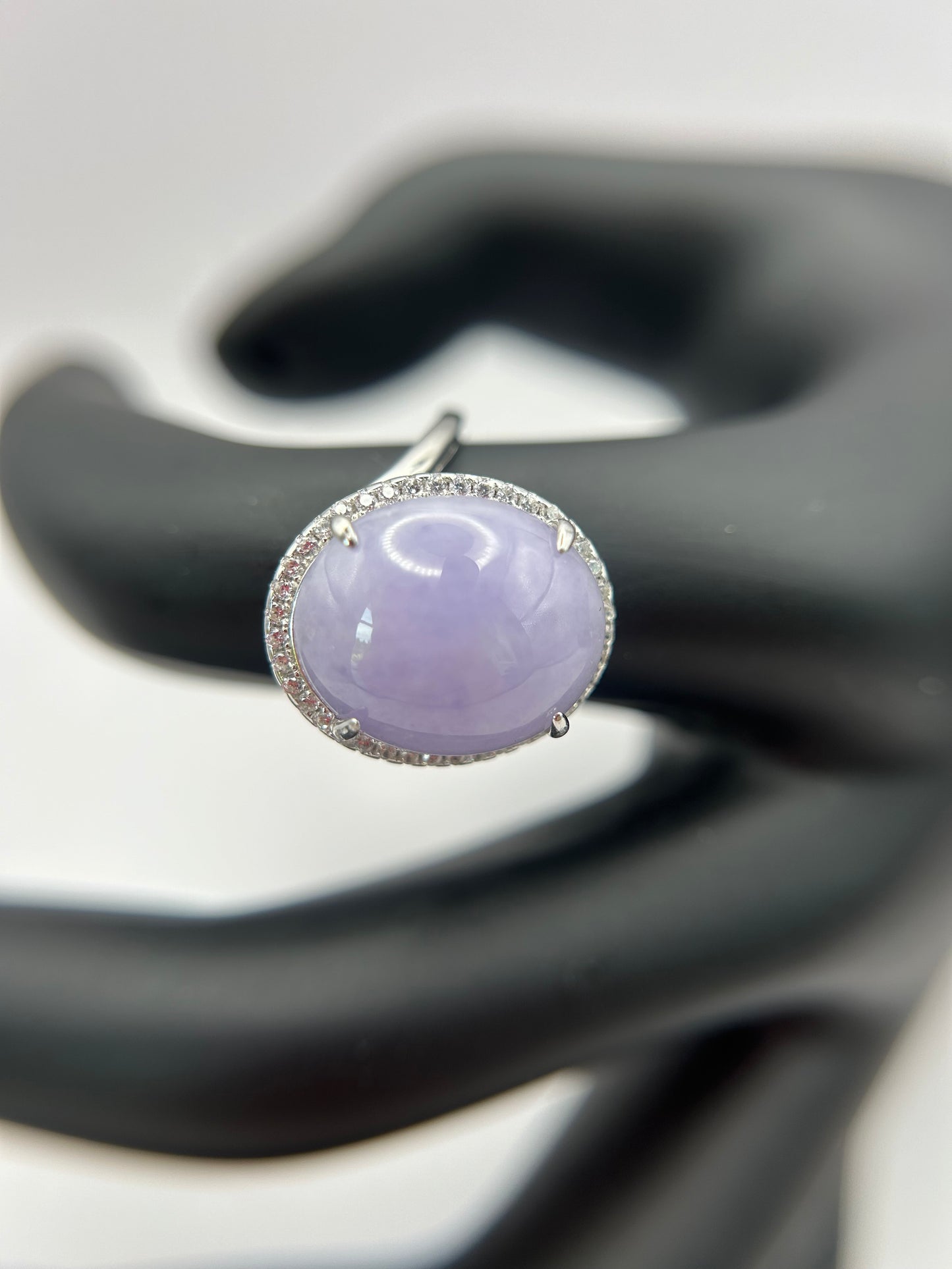 Natural grade A Burma Lavender Jadeite cabochon with Cubic Zirconia Silver Ring