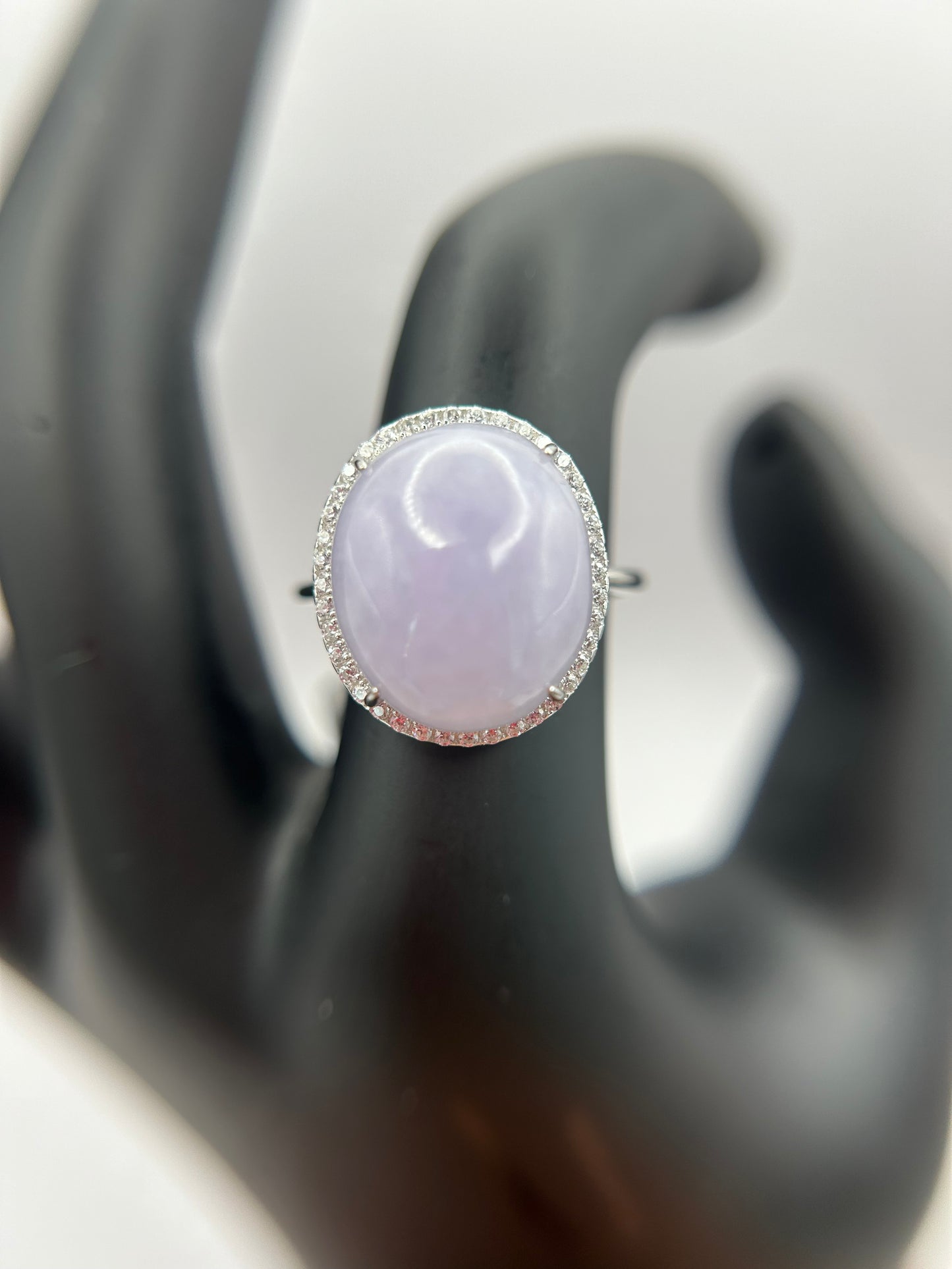 Natural grade A Burma Lavender Jadeite cabochon with Cubic Zirconia Silver Ring