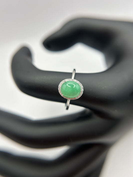 Natural grade A Burmese  Green Jadeite cabochon with Cubic Zirconia Silver Ring