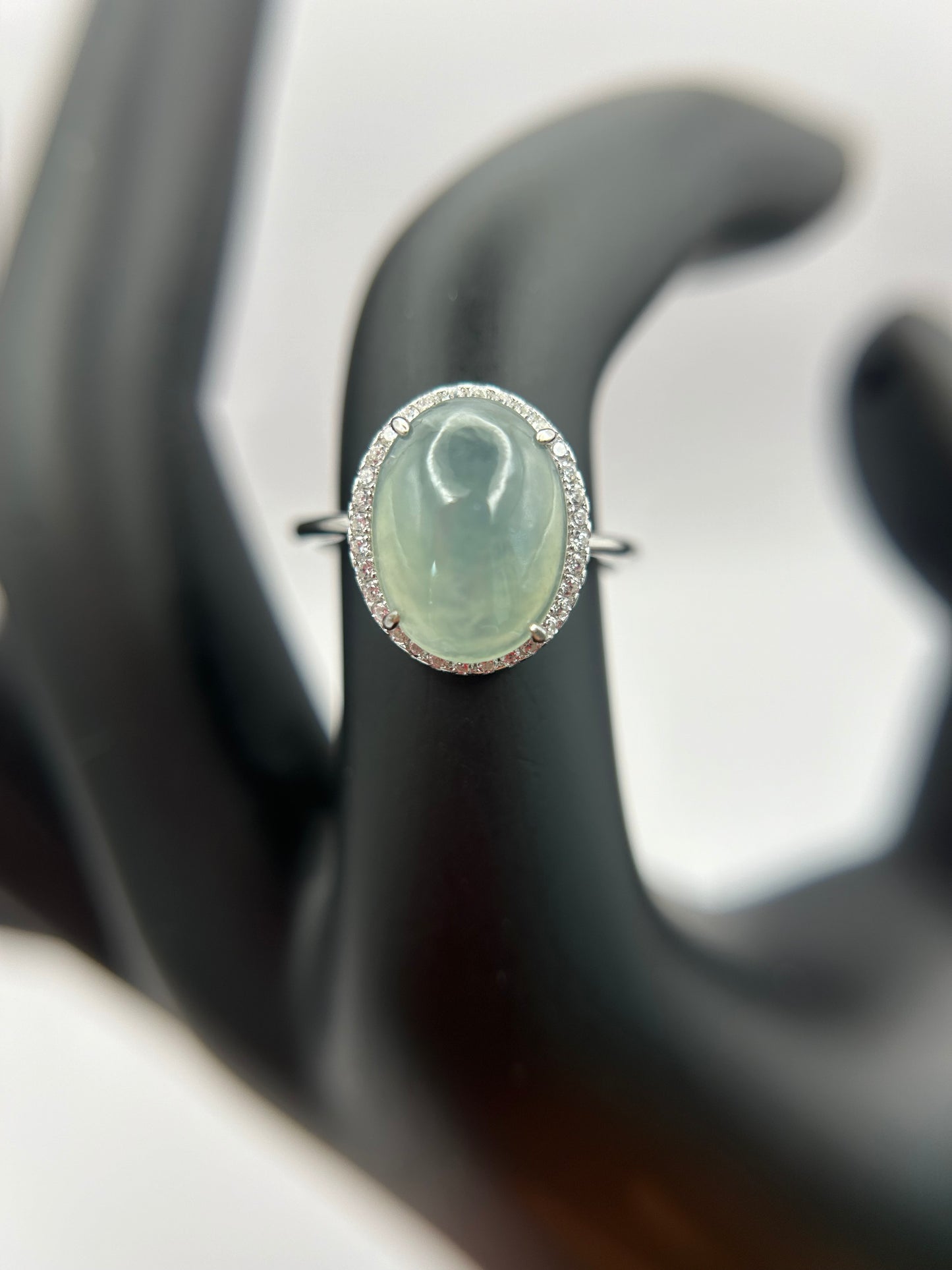 Natural grade A Burmese  Green Jadeite cabochon with Cubic Zirconia Silver Ring