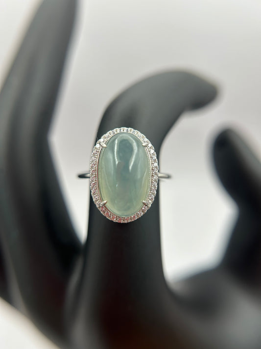 Natural grade A Burmese   Icy Green Jadeite cabochon with Cubic Zirconia Silver Ring