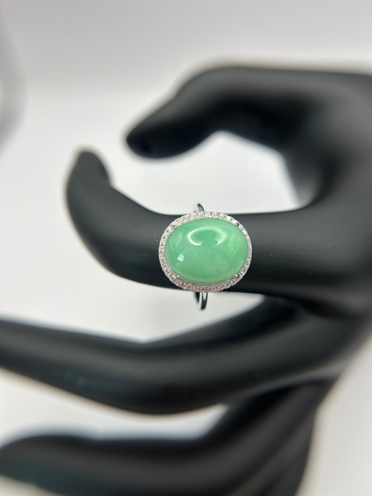 Natural grade A Burmese   Icy Green Jadeite cabochon with Cubic Zirconia Silver Ring