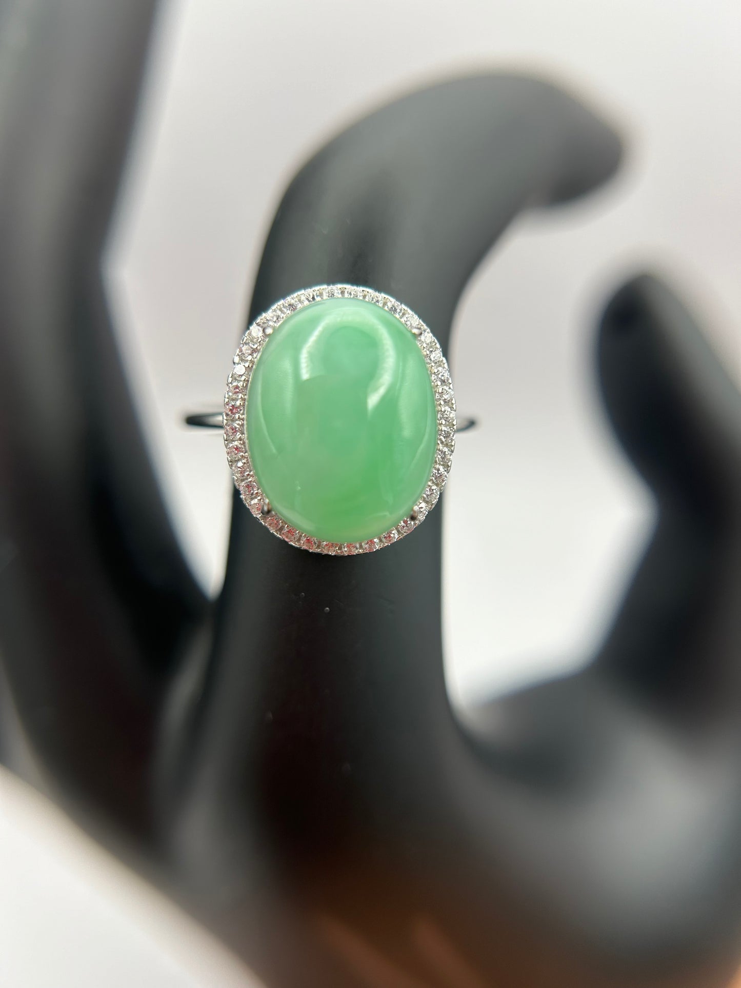 Natural grade A Burmese   Icy Green Jadeite cabochon with Cubic Zirconia Silver Ring