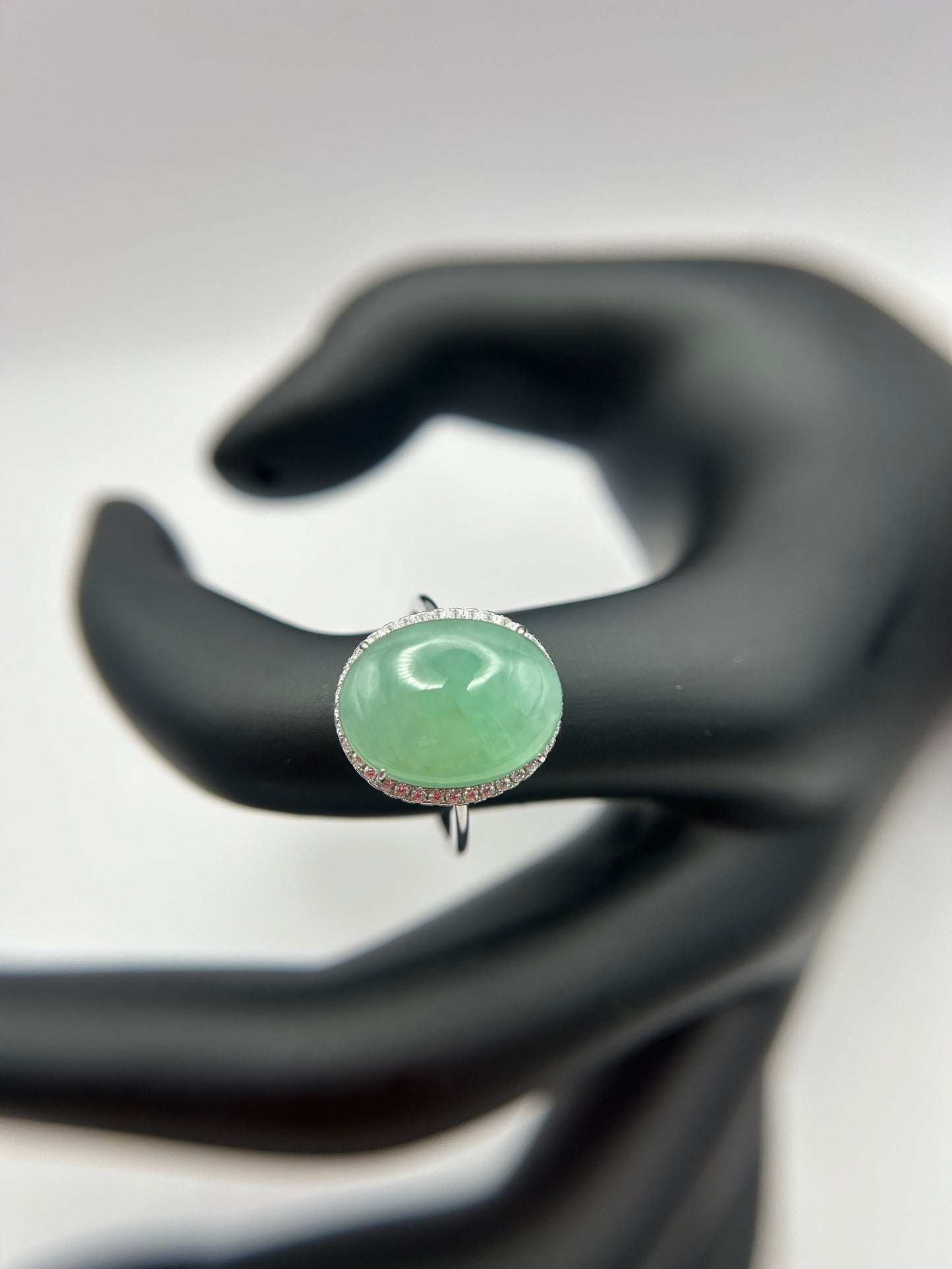 Natural grade A Burmese   Icy Green Jadeite cabochon with Cubic Zirconia Silver Ring