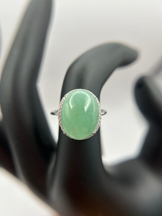 Natural grade A Burmese   Icy Green Jadeite cabochon with Cubic Zirconia Silver Ring