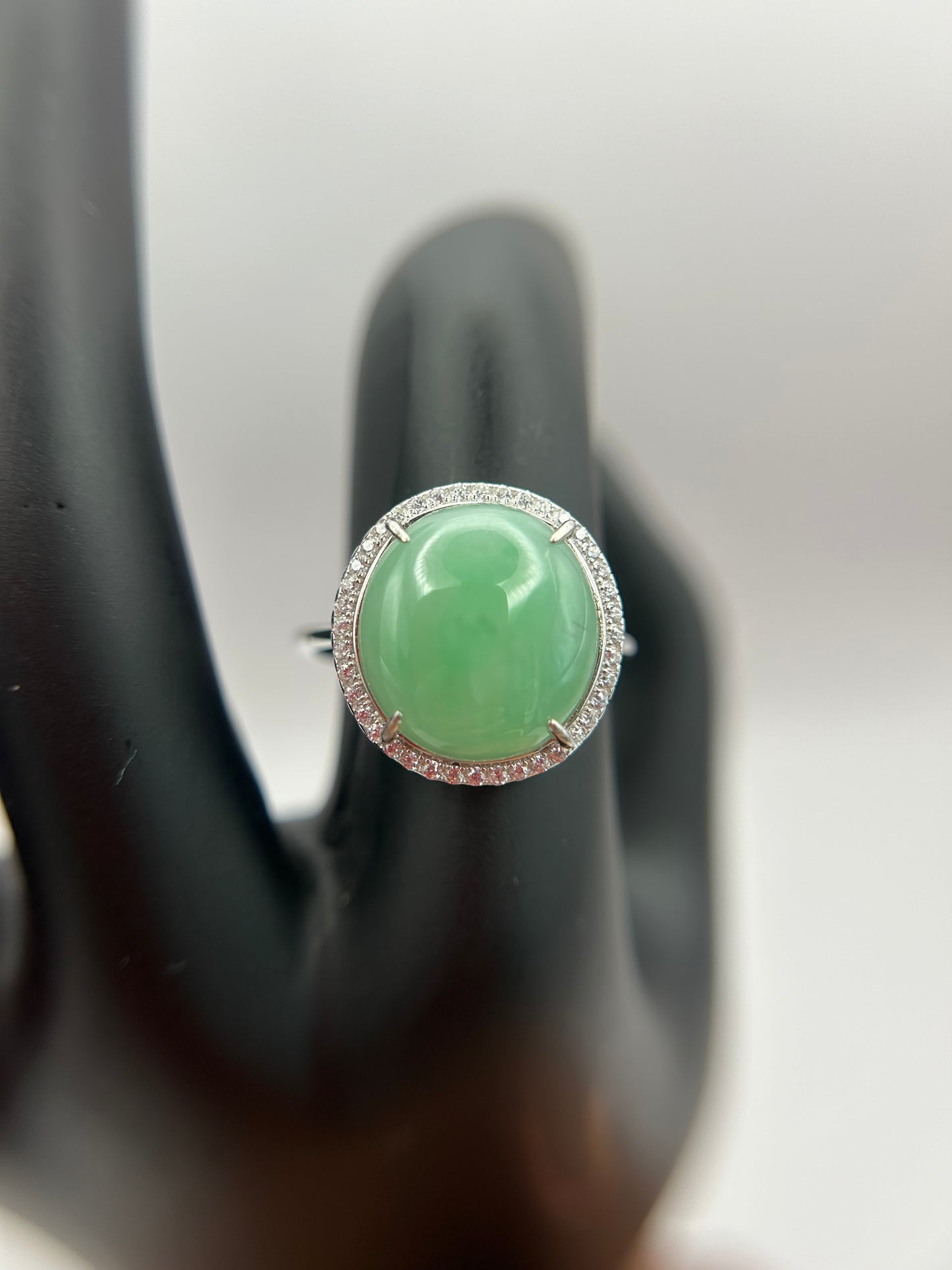 Natural grade A Burmese   Icy Green Jadeite cabochon with Cubic Zirconia Silver Ring