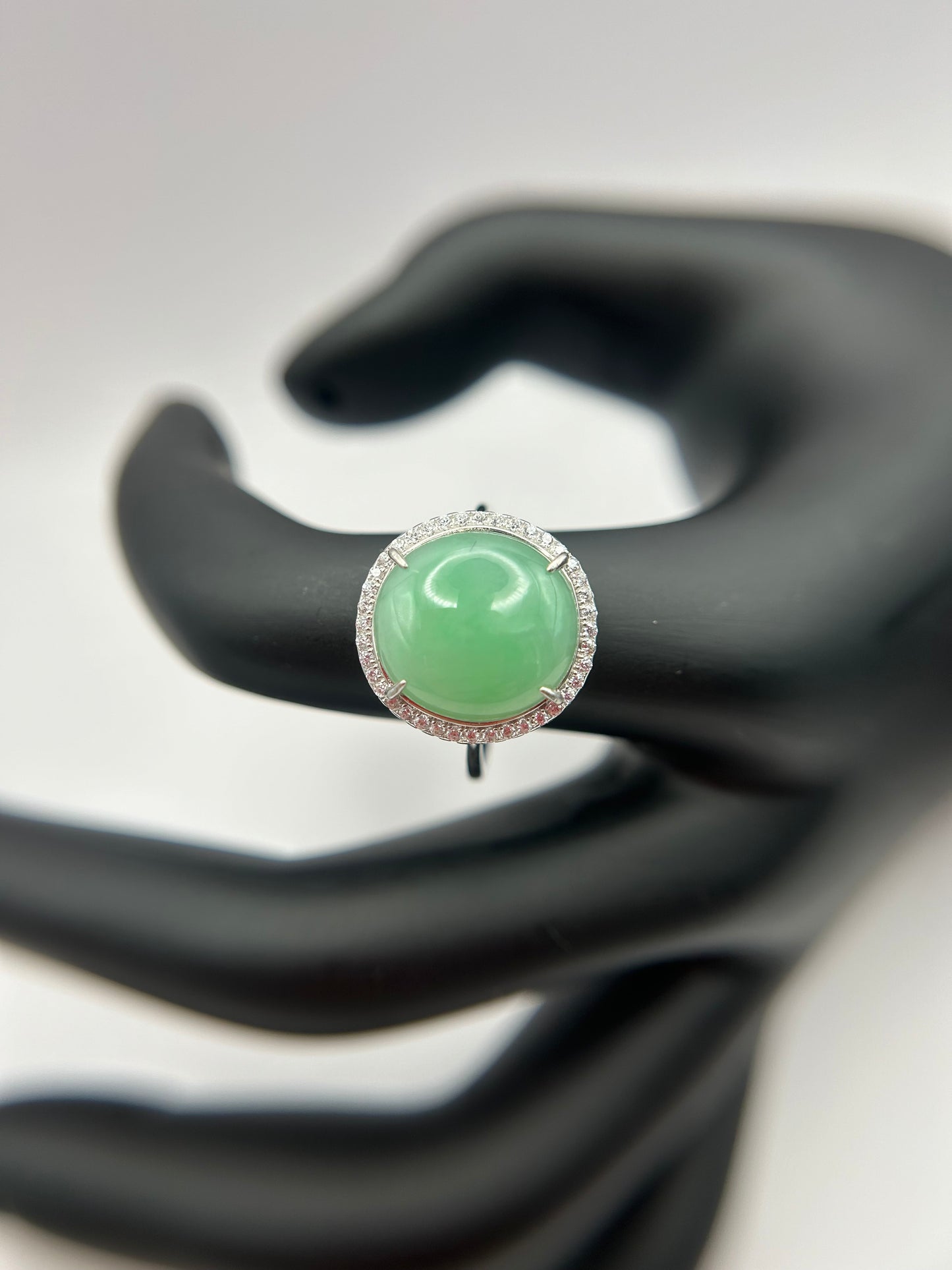 Natural grade A Burmese   Icy Green Jadeite cabochon with Cubic Zirconia Silver Ring