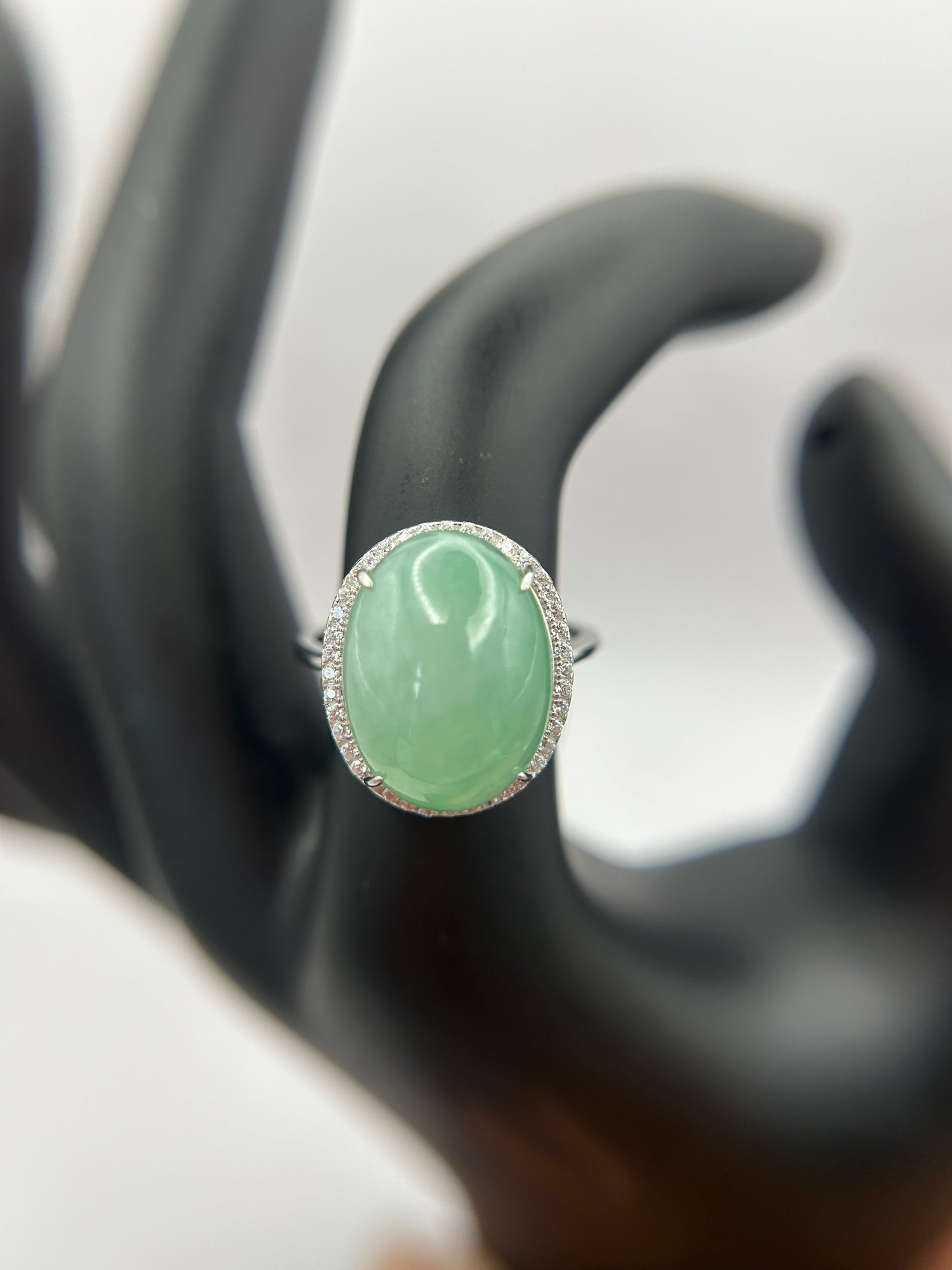 Natural grade A Burmese   Icy Green Jadeite cabochon with Cubic Zirconia Silver Ring