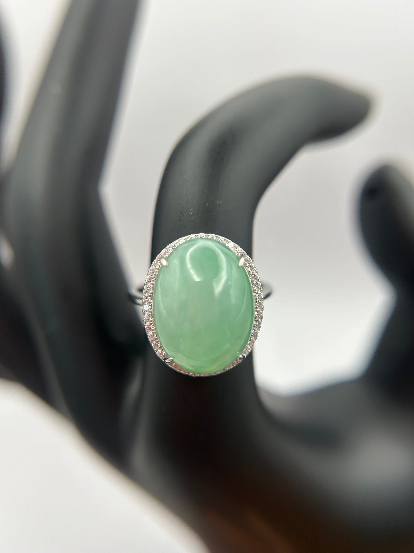 Natural grade A Burmese   Icy Green Jadeite cabochon with Cubic Zirconia Silver Ring