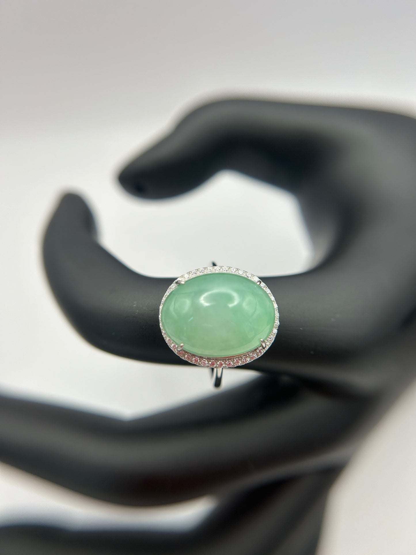 Natural grade A Burmese   Icy Green Jadeite cabochon with Cubic Zirconia Silver Ring