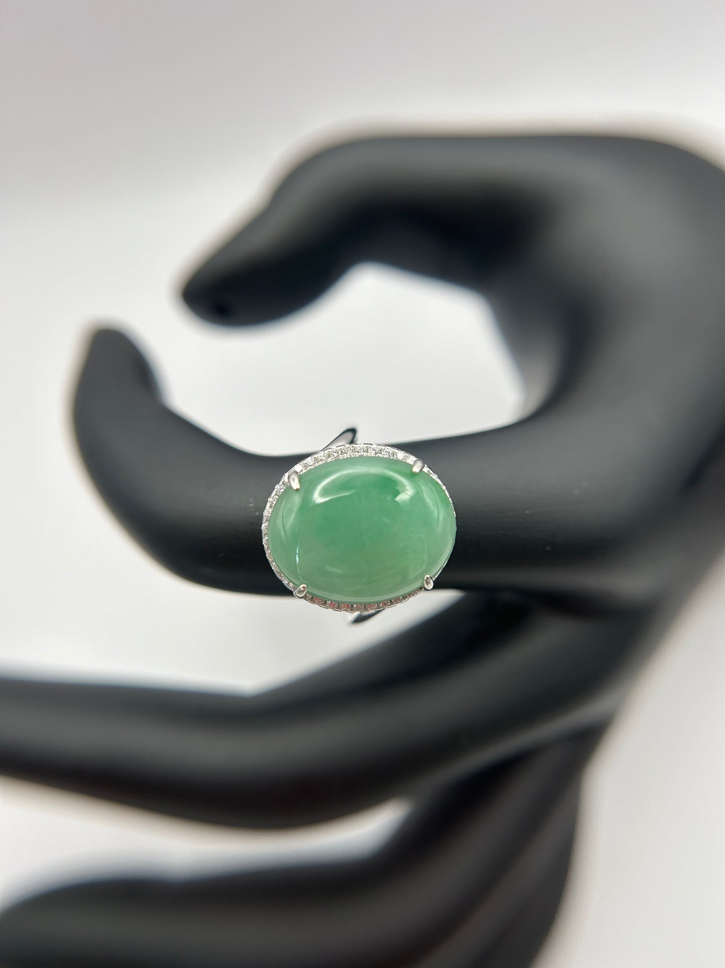 Natural grade A Burmese   Icy Green Jadeite cabochon with Cubic Zirconia Silver Ring